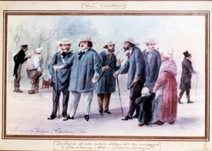 De Franse schrijver Honore de Balzac (1799-1850) en zijn vrienden verkleed als boeren in de stad Avray in 1840
