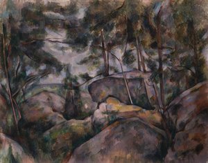 Rotsen in het bos door Paul Cézanne