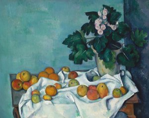 Stilleven met appels en een pot primula