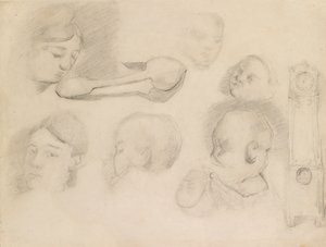 Studies van een kinderhoofd, een vrouwenhoofd, een lepel en een staande klok, c1872 door Paul Cézanne