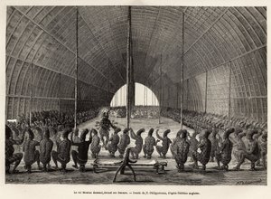 Mounza, koning van Mombouttous (Zaïre), dansend voor zijn serail, bestaande uit 80 vrouwen, gravure naar de tekening van P.Philippoteaux, ter illustratie van een reis naar het hart van Afrika, in 1868-1871, door Dr. George Schweinfurth, gepubliceerd in 