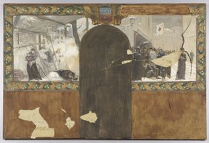Schets voor het kantoor van de prefect van het Hôtel de Ville de Paris: Le bombardement de Paris - La queue devant une boucherie municipale
