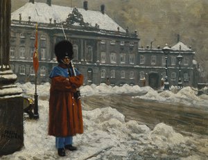 Een Koninklijke Lijfwacht op Dienst Buiten het Koninklijk Paleis Amalienborg, Kopenhagen