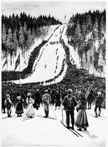 Ski: De Noorse derby, de skiwedstrijd - tekening door Paul Fisher, feb. 1900, Bibl. des Arts Deco
