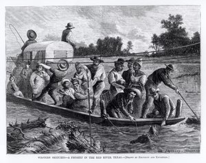 Westerse schetsen, een overstroming in de Red River, Texas, illustratie uit 
