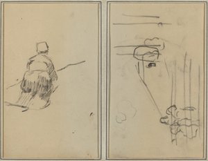 Een Bretonse vrouw wandelend; schets met trappen [verso]