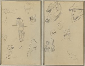 Een man leunend tegen een muur met vijf andere studies; twee bebaarde mannen met hoeden, en vijf andere studies door Paul Gauguin