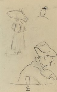 Een persoon met een paraplu en een zittende man met een hoed en een glas [verso] door Paul Gauguin