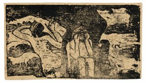 Bij de Zwarte Rotsen, uit de reeks late houtblokdrukken door Paul Gauguin
