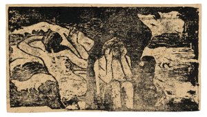 Bij de zwarte rotsen, uit de reeks late houtsneden door Paul Gauguin