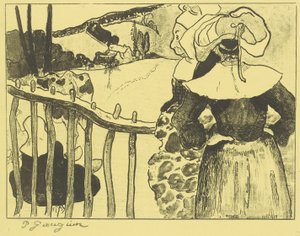 Bretonische Frauen neben einem Zaun door Paul Gauguin