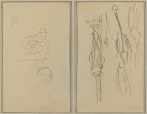 Hurkende Aap en Hoofd van een Man; Botten en Spieren [verso] door Paul Gauguin