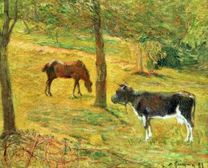 Paard en koe in een weide