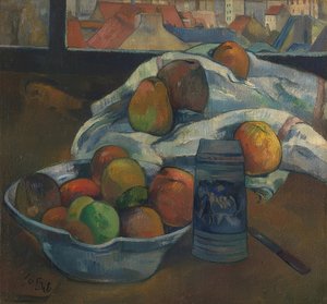 Schaal met fruit en kruik voor een raam door Paul Gauguin