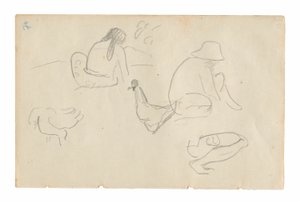 Schetsen van zittende figuren en kippen (recto), Naakte vrouwelijke torso (gerelateerd aan het schilderij Te a no areois [Het zaad van de Areoi]) (verso), uit het Carnet de Tahiti (Tahitiaans schetsboek) door Paul Gauguin