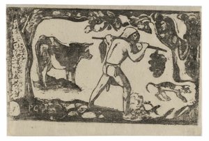 Tahitiaan die bananen draagt, uit de suite van late houtsneden door Paul Gauguin
