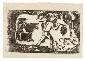 Tahitian draagt bananen, uit de suite van late houtblokdrukken door Paul Gauguin