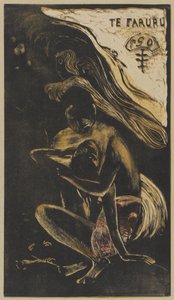 Te Faruru (Here We Make Love), Winter 1893-94 (houtsnede gedrukt in zwart, lichtbruin, geel  rood op crèmekleurig velijnpapier gemonteerd op beige karton) door Paul Gauguin