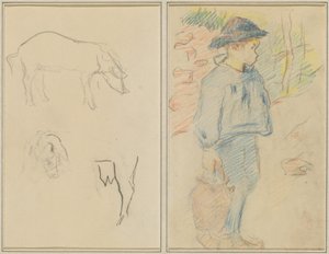 Drie Studies van een Varken; Bretonse Jongen Lopend met een Kruik (recto) door Paul Gauguin