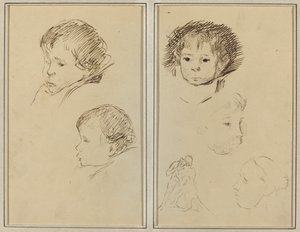Twee Studies van een Kinderhoofd; Twee Studies van een Kinderhoofd, een Vrouw in Profiel, en een Man die een Dier Worstelt