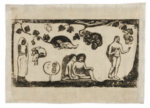 Vrouwen, dieren en bladeren uit de reeks late houtblokprenten door Paul Gauguin