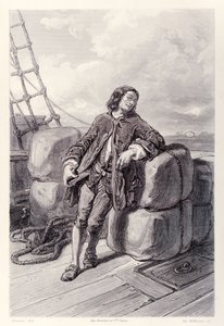 Kapitein Lemuel Gulliver op zee op zijn koopvaardijschip, uit de Franse editie van Gullivers Reizen door Jonathan Swift door Paul Gavarni