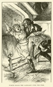 Turpin houdt de waardin boven het vuur (gravure) door Paul Hardy