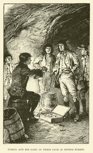 Turpin en zijn bende in hun grot in Epping Forest (gravure) door Paul Hardy
