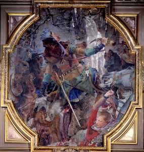 De visie van Sint-Hubertus, die tijdens het jagen in een bos op wonderbaarlijke wijze God ziet verschijnen in de vorm van een hert. Canvas marouflee door Paul Jacques Aimé Baudry (1828-1886) 1882 door Paul Jacques Aimé Baudry
