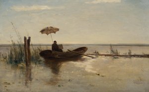 Een schilder, mogelijk de kunstenaar W.B. Tholen, aan het werk in een punter op een zonnige dag