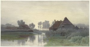 Boerderijen bij ochtendmist