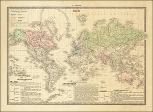 Franse wereldkaart uit 1840 met daarop de gebieden van het Britse, Franse en Russische Rijk door Paul Kaeppelin