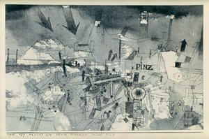 Uitzicht op de ernstig bedreigde stad Pintz door Paul Klee