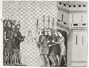 Na de inname van een stad in de 14e eeuw geeft het garnizoen zich over en geeft zich over aan de genade van hun ontvoerders. Naar een miniatuur uit de 14e eeuw in Histoire Du Monde. door Paul Lacroix