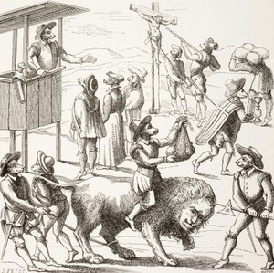 Allegorische afbeelding van excessen die begaan zouden zijn door de hugenoten. De tamme leeuw vertegenwoordigt een Frankrijk dat is gereduceerd door de ketters en hun praktijken. door Paul Lacroix