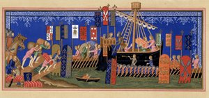 Inscheping van de Ridders van de Heilige Geest voor de Kruistocht - gebaseerd op miniatuur uit de 14e eeuw, in Militair en religieus leven in de Middeleeuwen en in de Renaissance door Paul Lacroix, Parijs