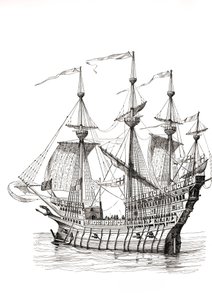 Oorlogsschip dat koning Hendrik Viii in 1520 van Engeland naar Frankrijk bracht voor zijn ontmoeting met koning Frans I op het veld van de gouden doek. Naar een tekening van Holbein. door Paul Lacroix
