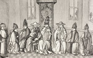 Petrus de Kluizenaar overhandigt de boodschap van Simeon, patriarch van Jeruzalem aan paus Urbanus Ii. door Paul Lacroix