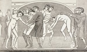 De heiligen Savin en Cyprianus worden met ijzeren haken uit hun lichaam gerukt. Naar een 11e-eeuws fresco in de kerk van St Savin, Vienne, Frankrijk. door Paul Lacroix