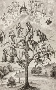 De boom van gevechten. Allegorische figuren die de verdeeldheid tussen sociale klassen uitbeelden. Naar een 15e eeuws manuscript. door Paul Lacroix