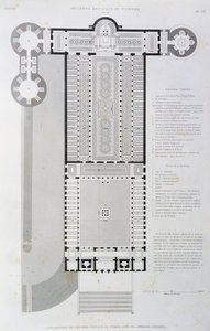 Herstelde indeling van de Oude Basiliek gebouwd door keizer Constantijn, gravure uit Vaticaan en Sint-Pietersbasiliek door Paul Marie Letarouilly