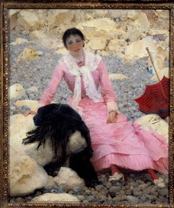 Portret van Fernande Mathey (1857-1941) op het strand door Paul Mathey