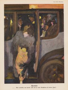 Vrouw stapt in een auto voor de rit naar huis na een avondje uit (kleur litho) door Paul Rieth