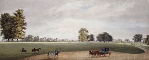 Een koets in het park van Luton, ontmoet door ruiters en dartelende veulens door Paul Sandby