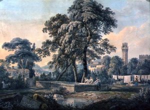 Een Italiaans Landschap met Vrouwen bij een Wasplaats door Paul Sandby