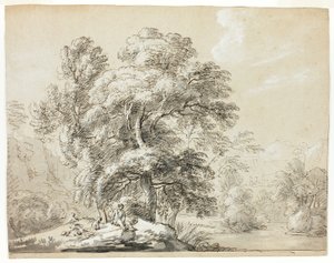 Man en hond zittend onder bomen bij rivier door Paul Sandby