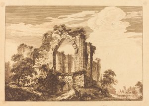 Ruïnes met een Zittende Man en een Bedekte Wagen in de Verte door Paul Sandby