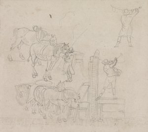 Studies van een voerman die water pompt voor zijn paarden door Paul Sandby