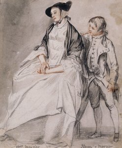 Studie van mevrouw Mercier zittend in een stoel, en haar jongste zoon, Henry Mercier, staand achter haar door Paul Sandby