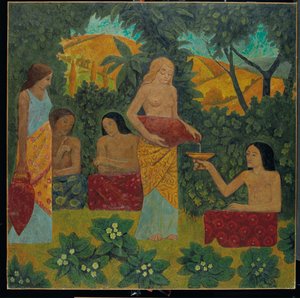 Libations, vijf figuren in een mythisch bos door Paul Sérusier